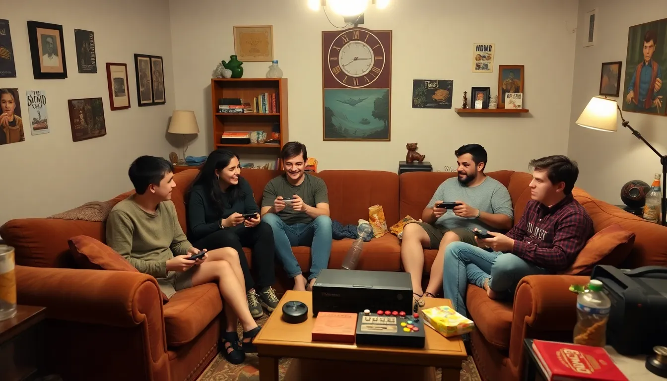 A serene scene of a player fully engaged in a retro game, with soft lighting and a peaceful atmosphere, highlighting the calming effect of interactive entertainment amidst the chaos of doomscrolling