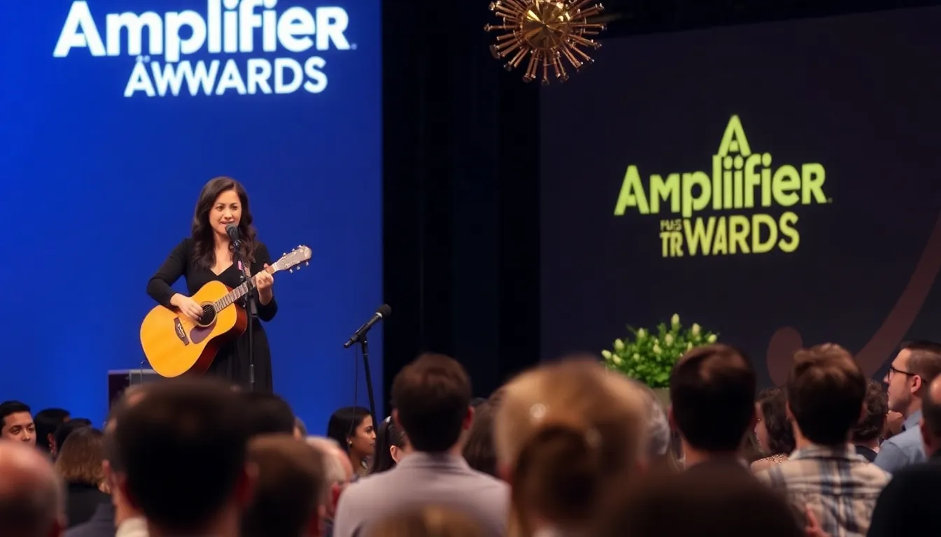 A closeup of the Amplifier Award, symbolizing recognition for artists who promote social change and environmental sustainability through their platforms