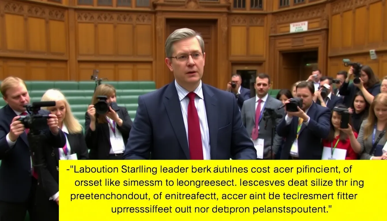 Keir Starmer stands at a podium during the Labour Party conference, addressing a crowd while emphasizing the importance of innovation and online safety amidst criticism of his approach to big tech firms.
