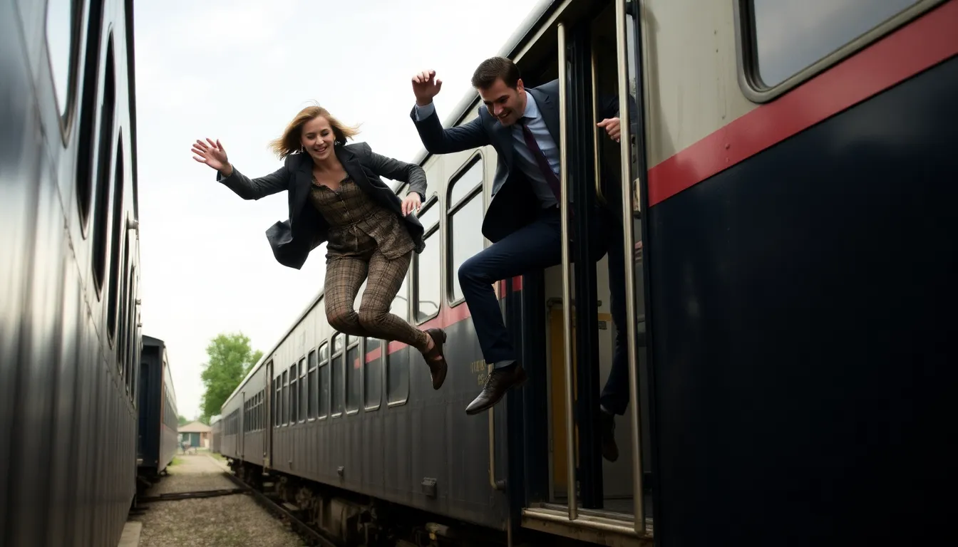 Emily Blunt and Josh O'Connor are seen leaping from a moving train in an intense scene from the trailer for the scifi thriller Disclosure Day, directed by Steven Spielberg.