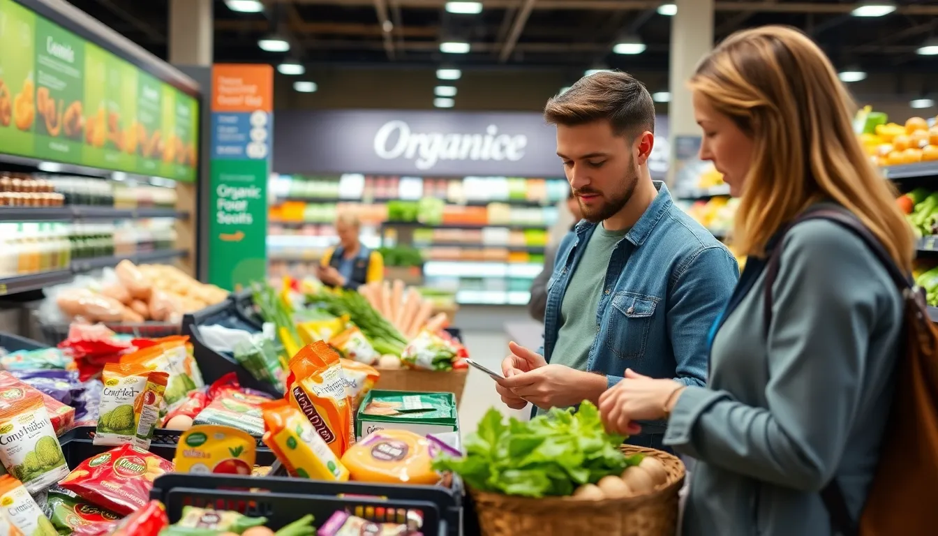 A bustling grocery store aisle showcases a variety of organic food products, with shoppers examining labels and selecting fresh produce.