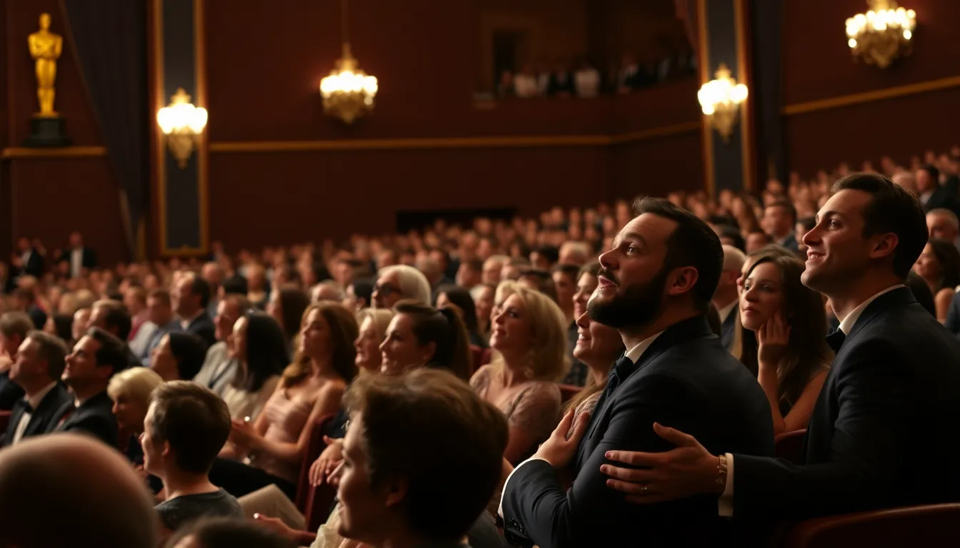 A crowd of film enthusiasts gathers outside a theater, eagerly discussing the latest Oscar contenders and their potential impact on the upcoming awards ceremony.