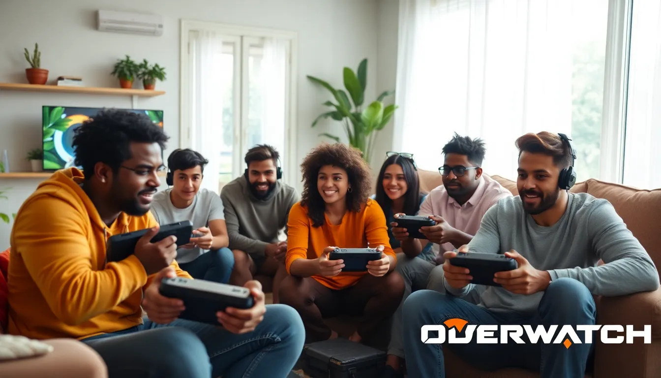 A competitive gaming environment where viewers are captivated by an intense Overwatch match streaming live on Twitch