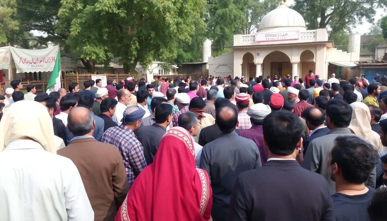 Emergency responders attend to injured individuals at the site of a deadly explosion at a mosque in Peshawar, Pakistan, as chaos unfolds around them.