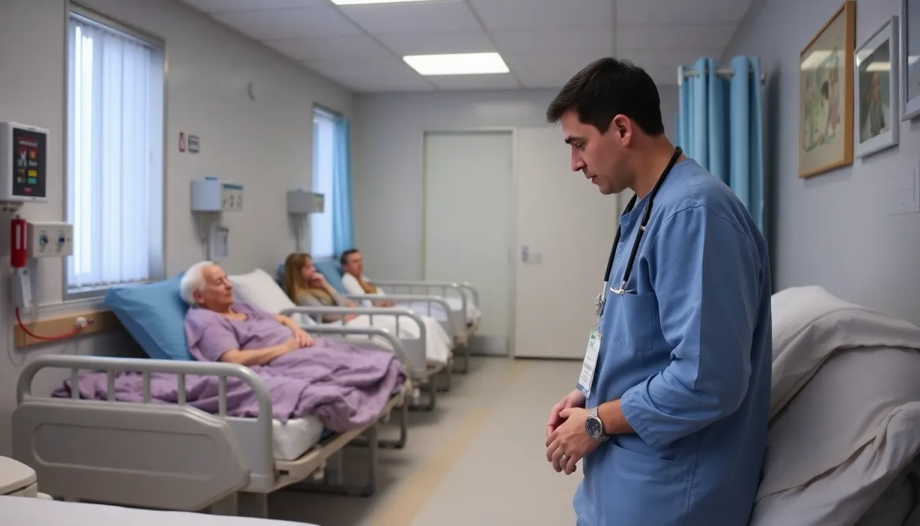 Patients in hospital beds appear weary and frustrated as they endure prolonged stays due to outdated treatment methods, with medical staff discussing care options in the background.