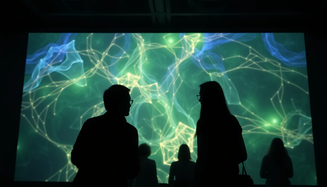Visitors explore the immersive installation Liminals by Pierre Huyghe at Berghain, surrounded by advanced technology and artistic expressions that challenge perceptions of reality.