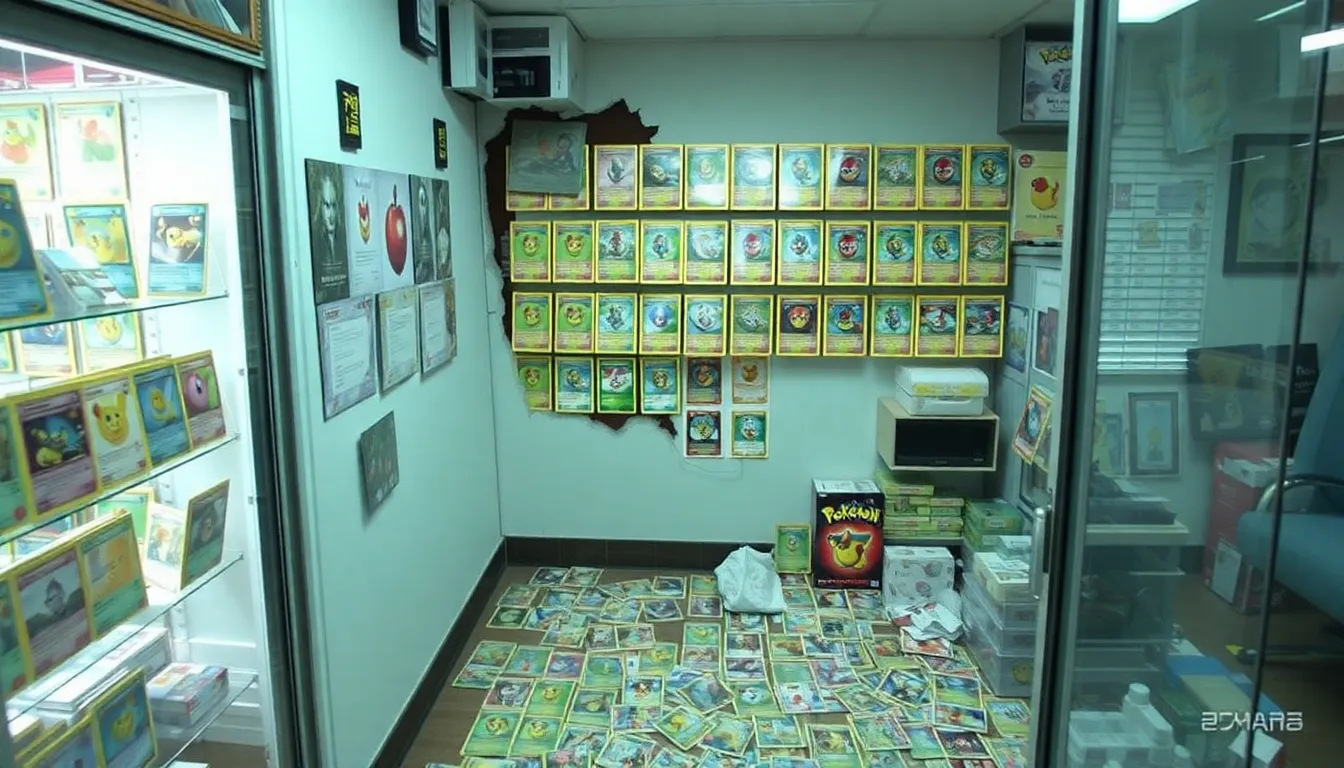 A group of thieves is seen emerging from a tunnel they dug through a wall in a card shop, surrounded by scattered Pokemon cards and tools used for the heist.