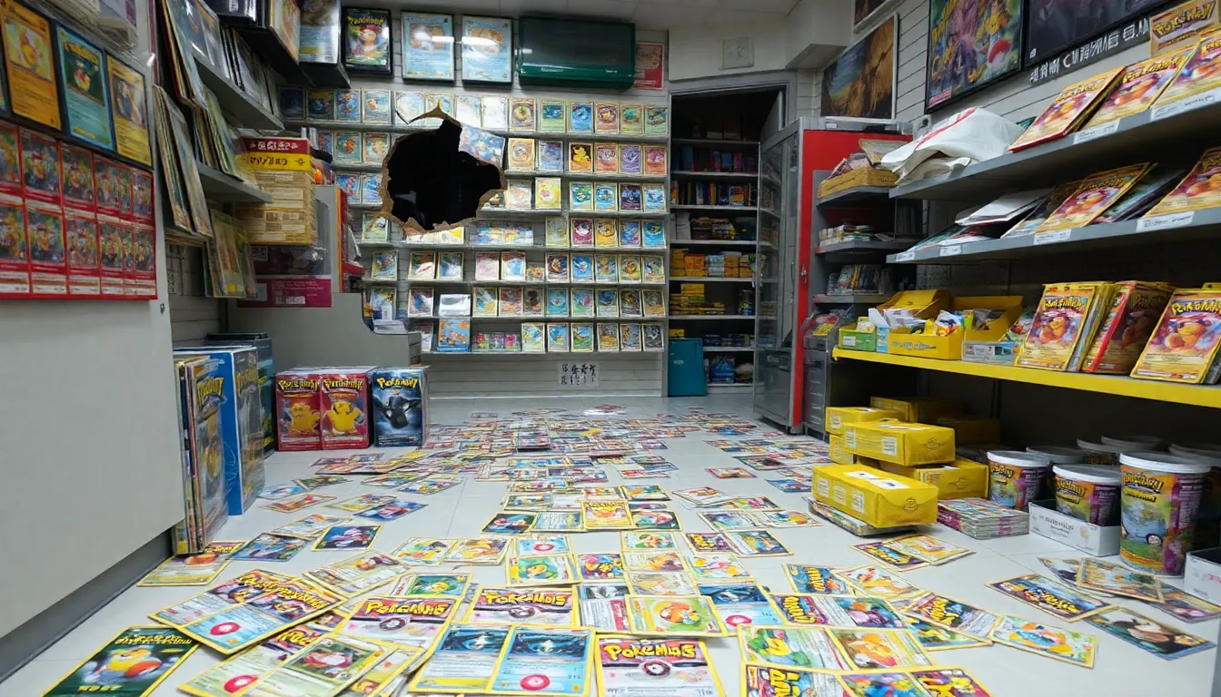 A display of valuable Pokémon cards, highlighting the growing market and the potential for theft due to their increasing rarity and demand