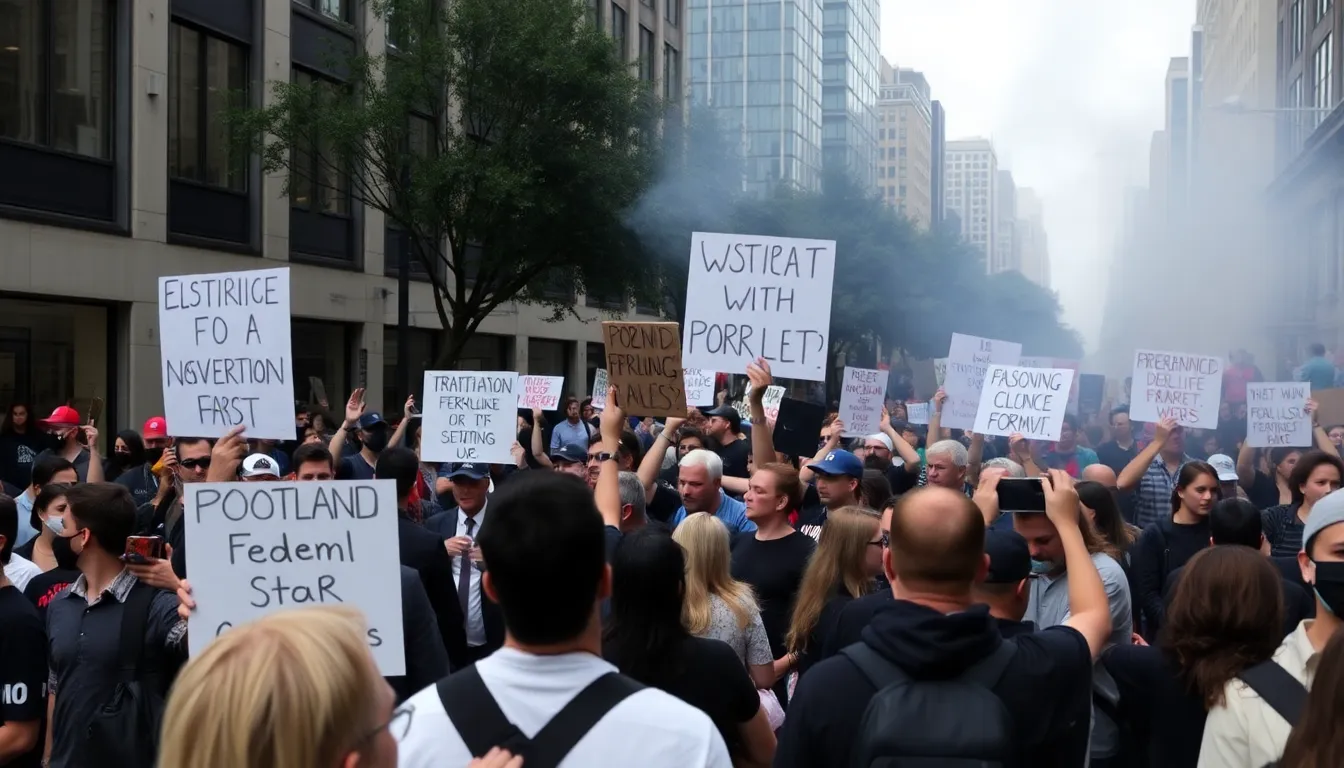 Protesters gather in a Portland street, some holding signs advocating for racial justice, as federal agents in tactical gear stand nearby amidst a tense atmosphere following the deployment of tear gas.