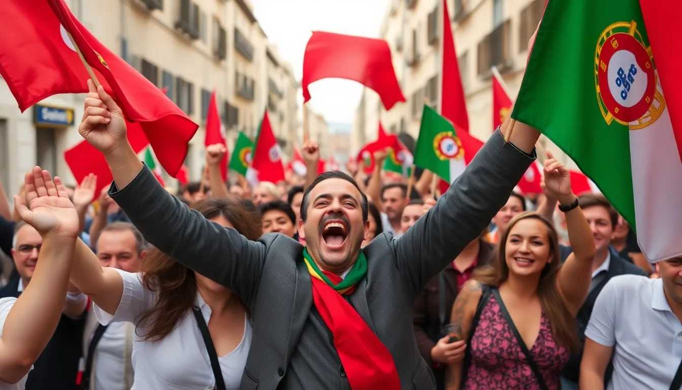 Supporters of Marcelo Rebelo de Sousa celebrate his reelection outside a polling station in Lisbon, waving flags and cheering amidst a backdrop of colorful banners.