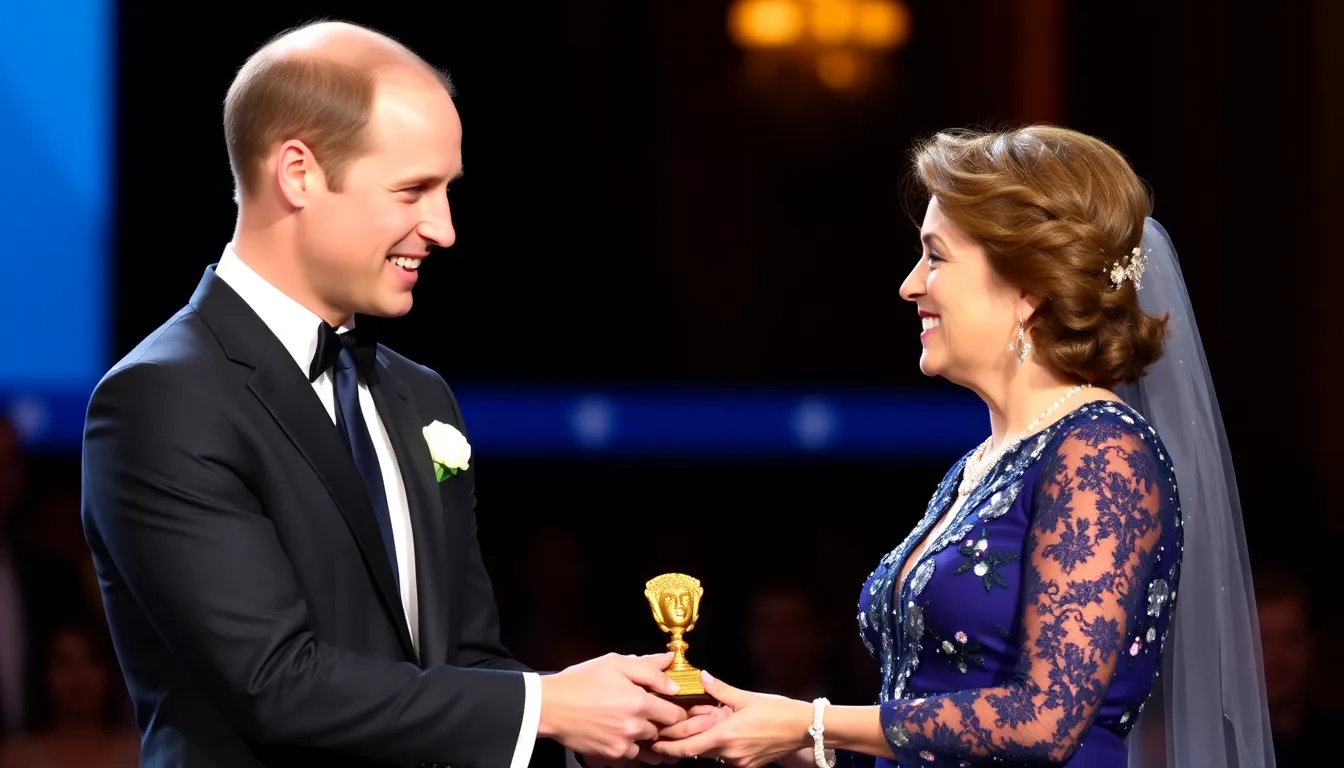Prince William presents the BAFTA award to Donna Langley during a ceremony, highlighting her achievements in the film and television industry.