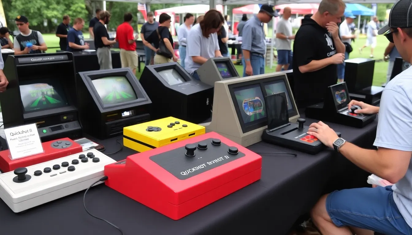 A group of gamers enthusiastically tests the newly released QuickShot II joystick at a retro gaming convention, surrounded by vintage consoles and nostalgic memorabilia.