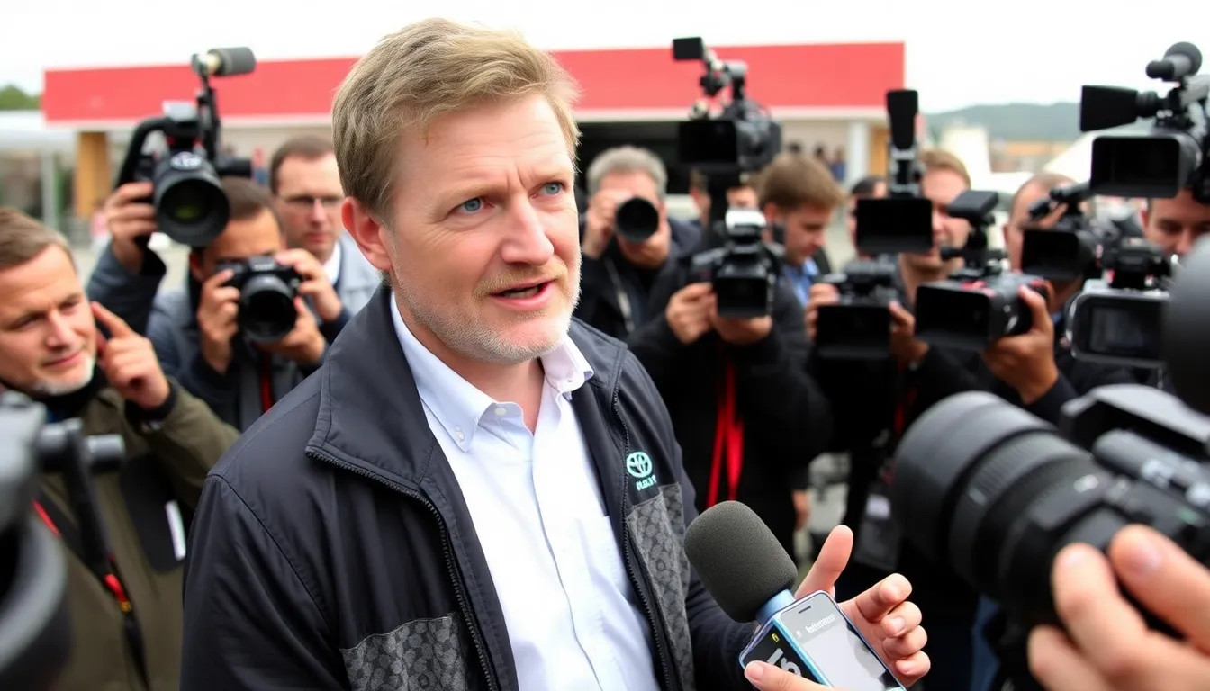 Jonne Halttunen stands confidently at a press conference, discussing his new role in Toyota's rally management team while surrounded by reporters and team members.