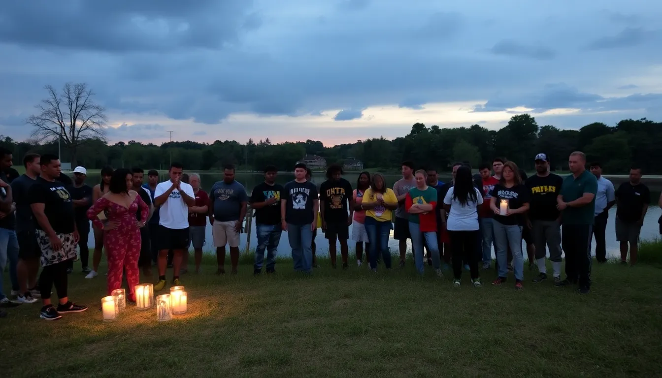 Rapper Lil Jon stands somberly outside his home, surrounded by flowers and candles left by fans in memory of his son, who was recently found deceased in a nearby pond.