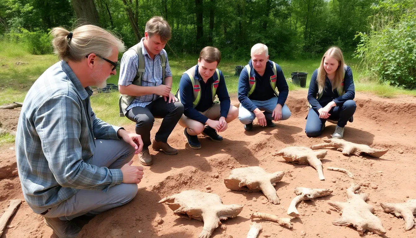 Archaeologists examine a rare Iron Age war trumpet and a boar standard recently unearthed at an excavation site in the UK, highlighting their significance in understanding ancient military practices.