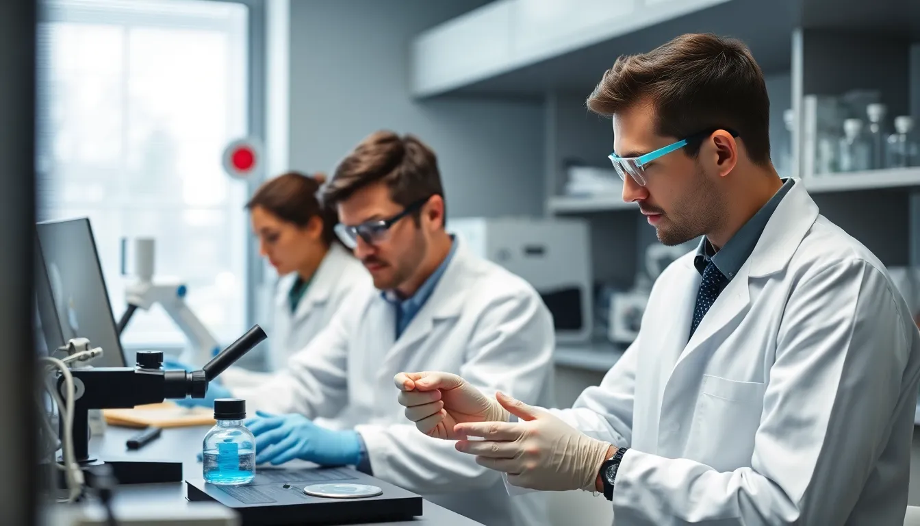 A group of scientists collaborates around a table filled with laptops and research materials, discussing data analysis in a modern laboratory setting.