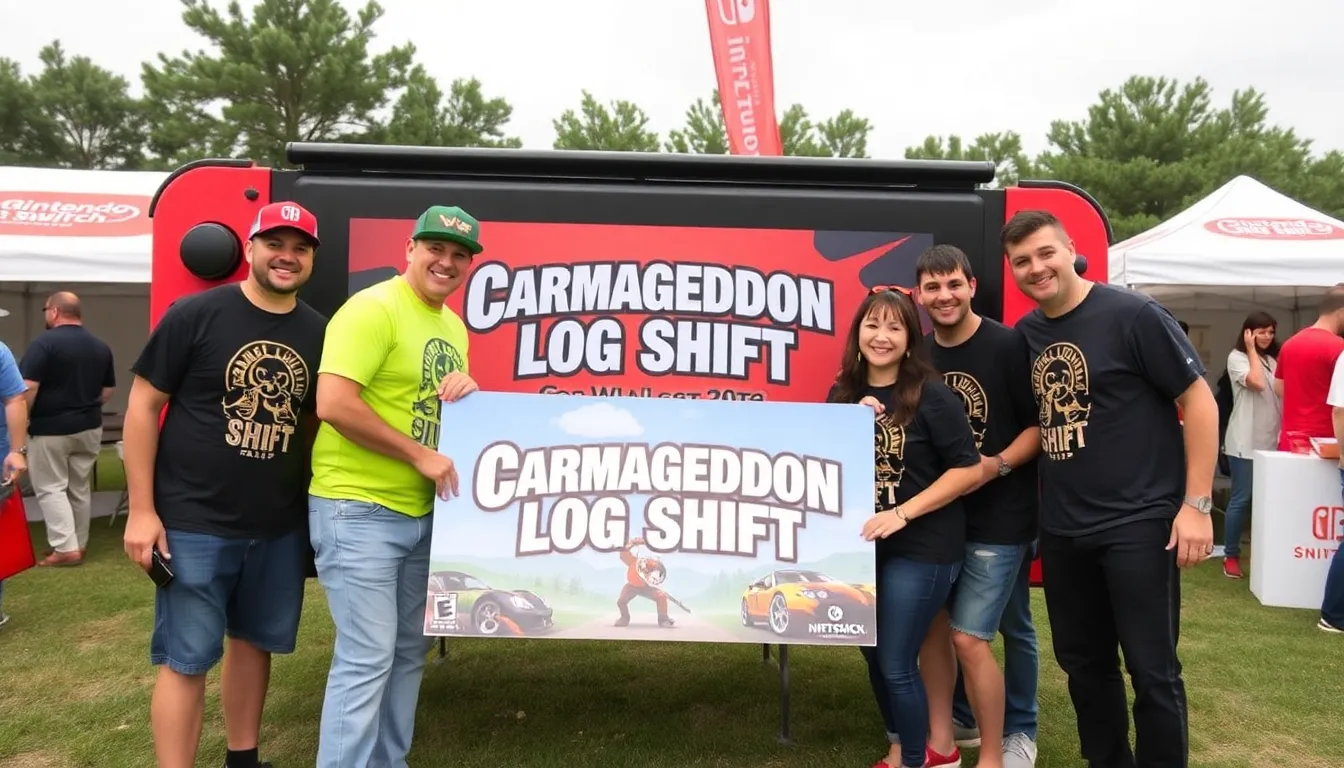 Players engage in highspeed vehicular combat while navigating a chaotic urban landscape filled with obstacles and destructible environments in Carmageddon Rogue Shift for the Nintendo Switch 2.