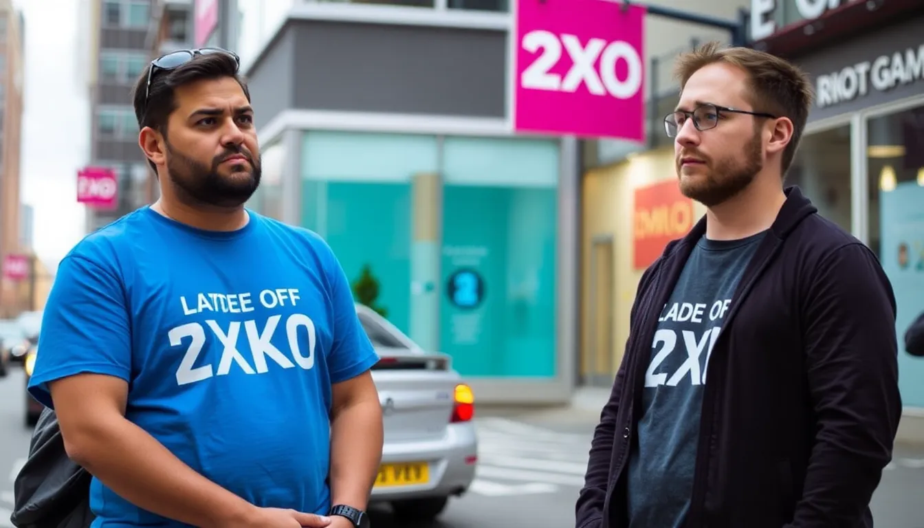 A group of concerned employees stands outside the Riot Games office, discussing the recent layoffs announced shortly after the launch of the new game.