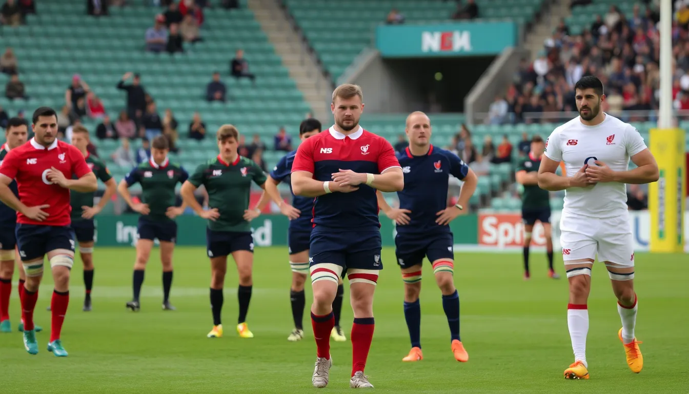 Wales players huddle together on the field, strategizing as they prepare to face the formidable French rugby team in a highstakes match at the Stade de France.