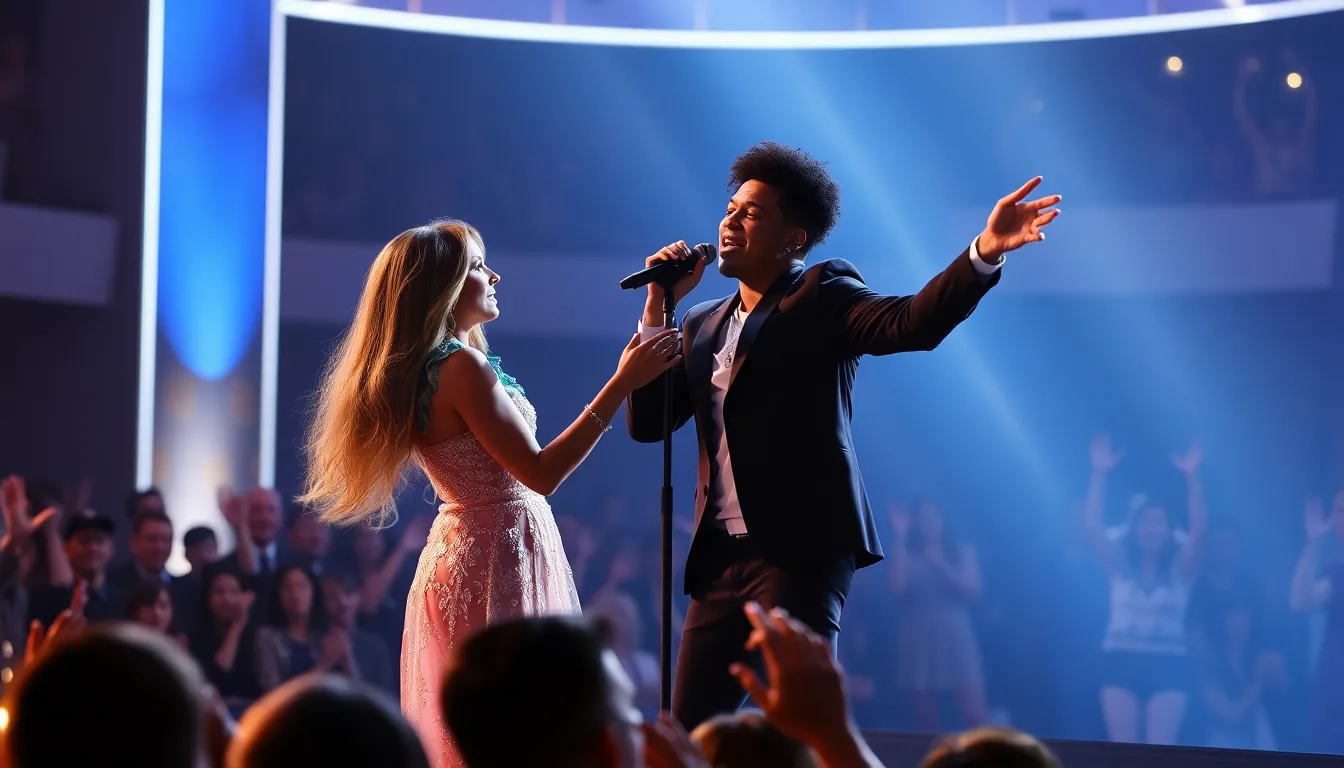 Rosé and Bruno Mars perform energetically on stage at the Grammy Awards, captivating the audience with their dynamic collaboration.