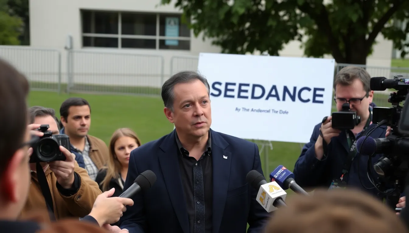 SAGAFTRA representatives hold a press conference to address concerns over Seedance AI's alleged copyright violations, with members displaying signs advocating for the protection of their creative rights.