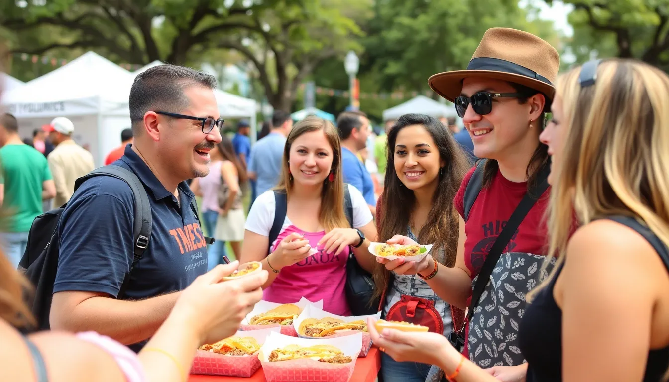 A bustling San Antonio street filled with food enthusiasts exploring various food stalls during the city's annual culinary festival, showcasing a vibrant array of dishes from local restaurants.