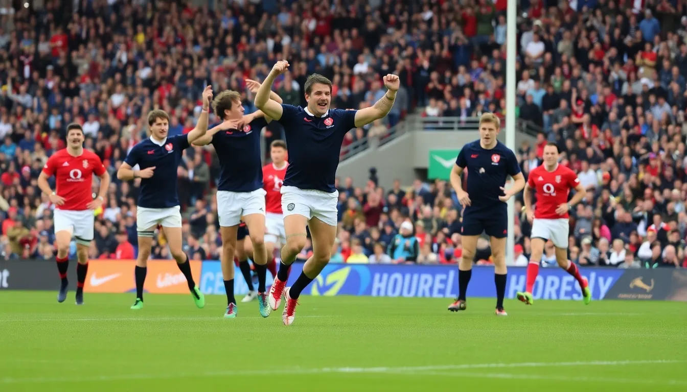 Scotland players celebrate after scoring a try immediately from the kickoff as Welsh players look on in surprise during their Rugby World Cup match.