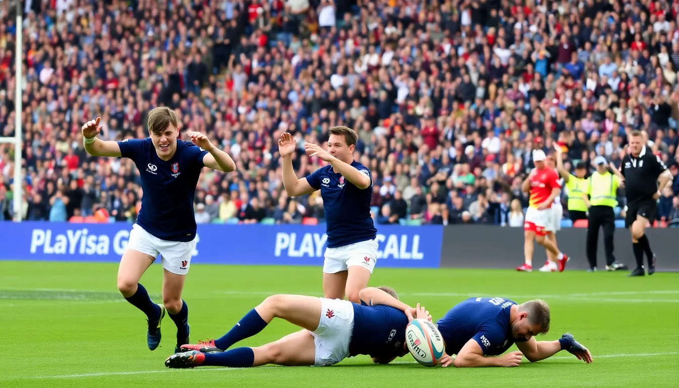 The Welsh team looks momentarily stunned as Scotland takes an early lead, highlighting a critical lapse in their defensive strategy