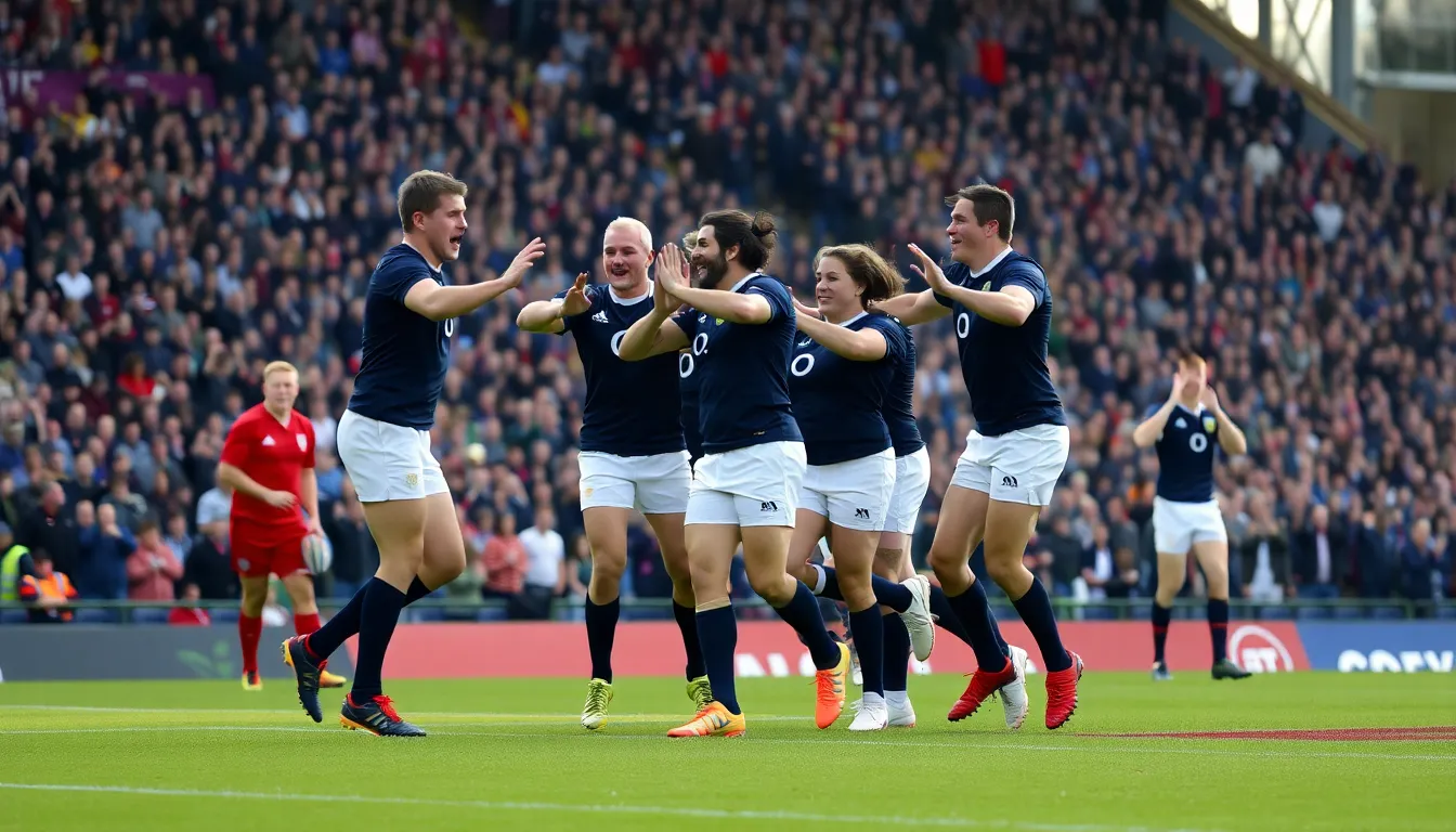 Fans from both teams react passionately in the stands, showcasing the intense atmosphere following Scotland's remarkable try from kickoff