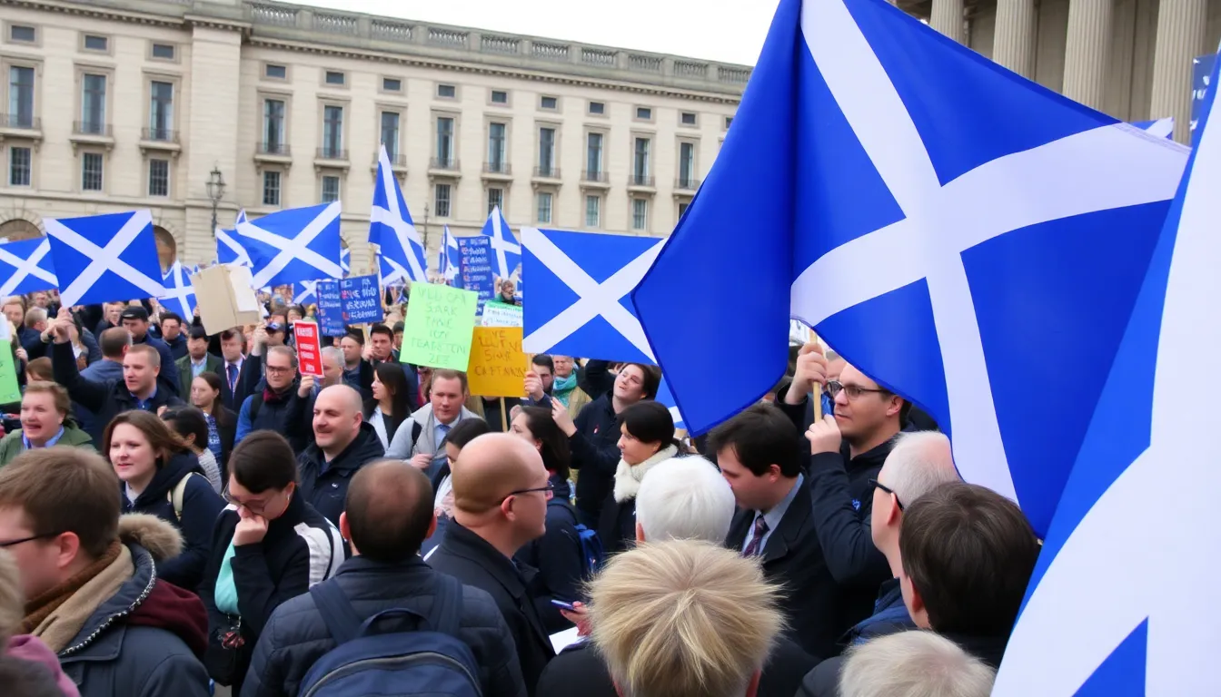 Supporters wave flags and chant in a packed stadium as Scotland prepares for a crucial match against their rival, with anticipation and tension palpable in the air.