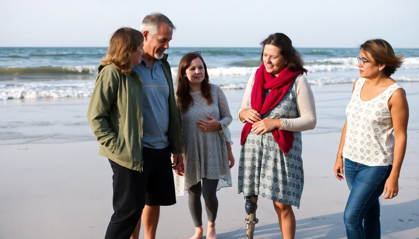A woman stands on a beach holding her recovered prosthetic leg, which is covered in barnacles and debris, while expressing gratitude for its return after being lost to the ocean months earlier.