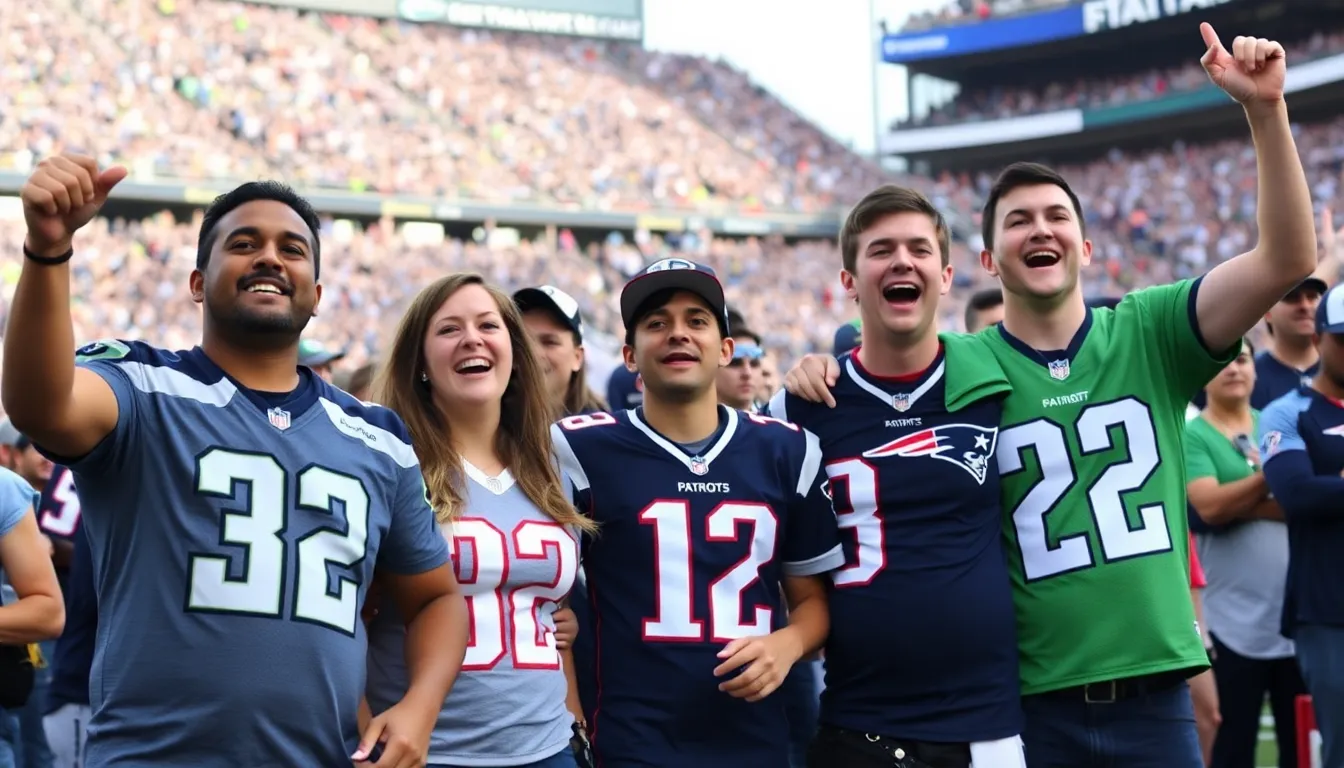 Fans gather in a lively sports bar, eagerly discussing their predictions and strategies for the upcoming Seahawks vs Patriots game while watching highlights on multiple screens.