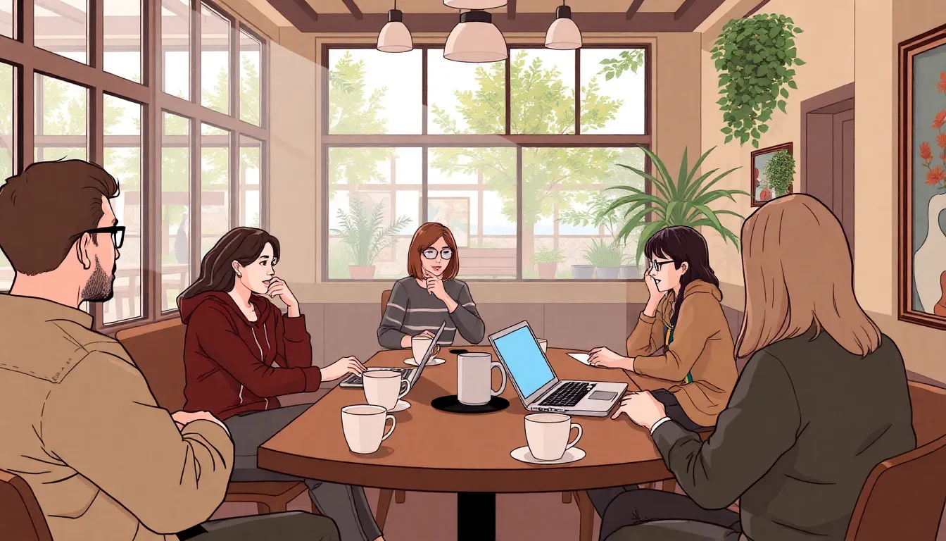 Fans of The Pitt gather at a local café, enthusiastically discussing their favorite moments from Season 2 Episode 7 while sharing printed fanfiction stories inspired by the show.