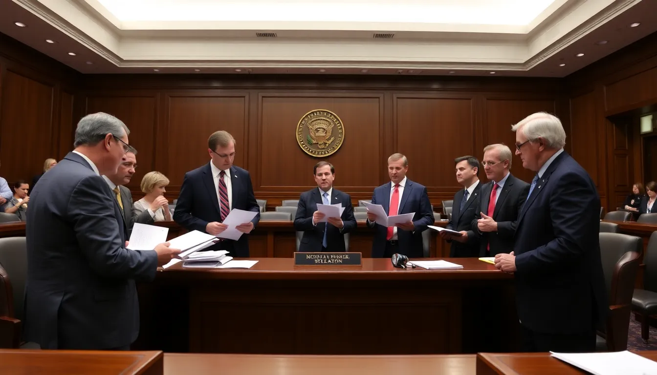 U.S. Senators are seen questioning Equifax executives during a congressional hearing focused on allegations of pricegouging related to Medicaid services.