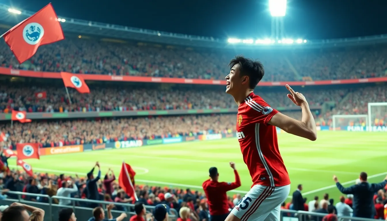 Jisung Park smiles and waves to fans as he stands in the stands at Old Trafford, celebrating Manchester United's recent victory over Liverpool.