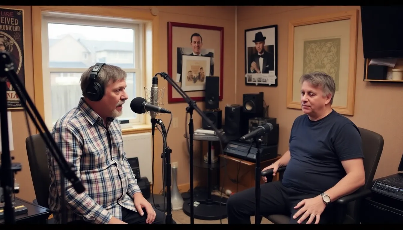 Sleaford Mods members Jason Williamson and Andrew Fearn enthusiastically discuss their metal detecting experiences during a podcast recording, surrounded by equipment and artifacts related to the hobby.