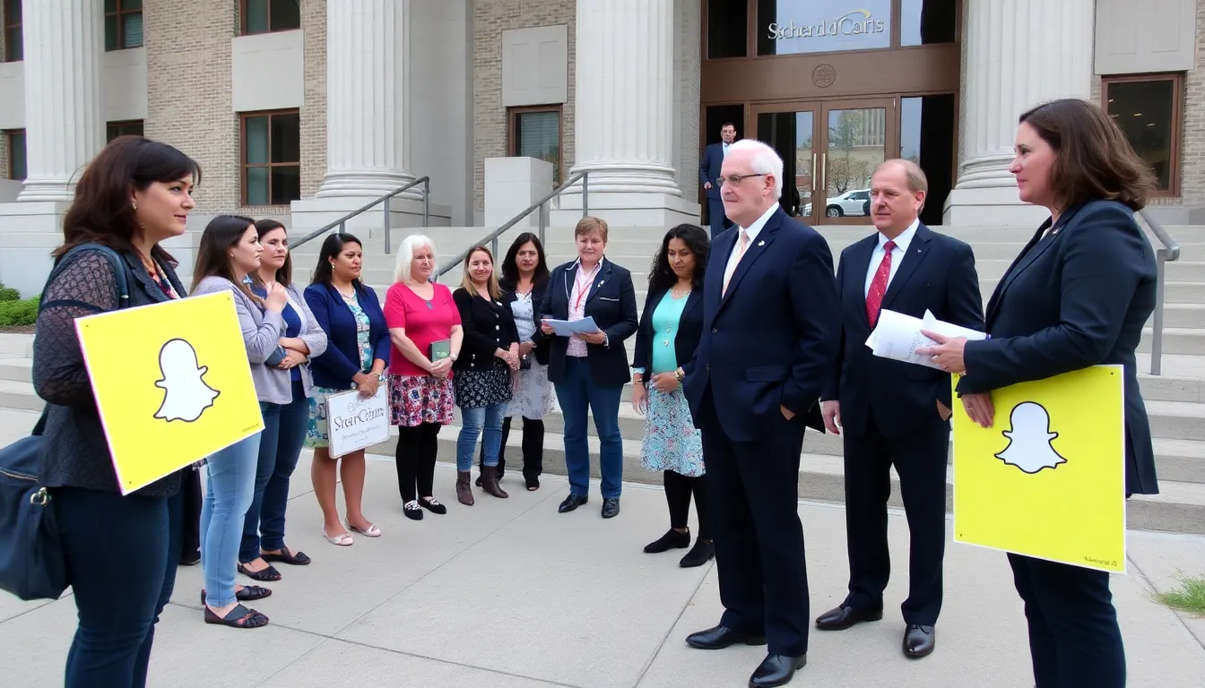 A group of parents stands outside a courthouse, holding signs advocating for mental health awareness and accountability from social media companies.