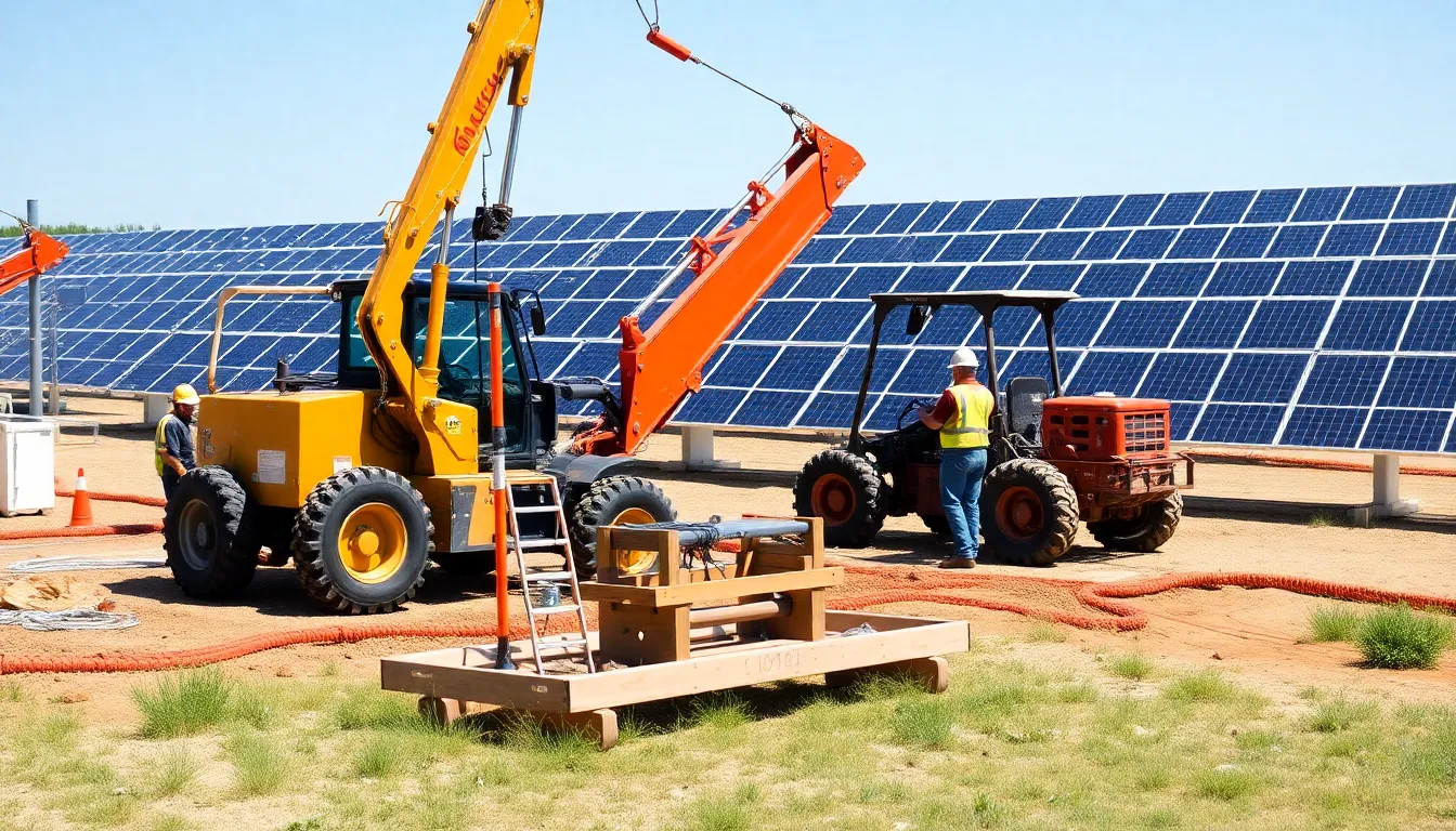 Workers are seen surveying land for a new solar farm, with rows of solar panels being installed under a clear blue sky.