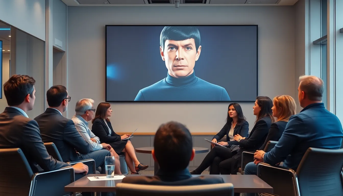 A diverse group of people is gathered around a table, intently discussing and solving a series of challenging intelligence puzzles inspired by the character Spock from "Star Trek."