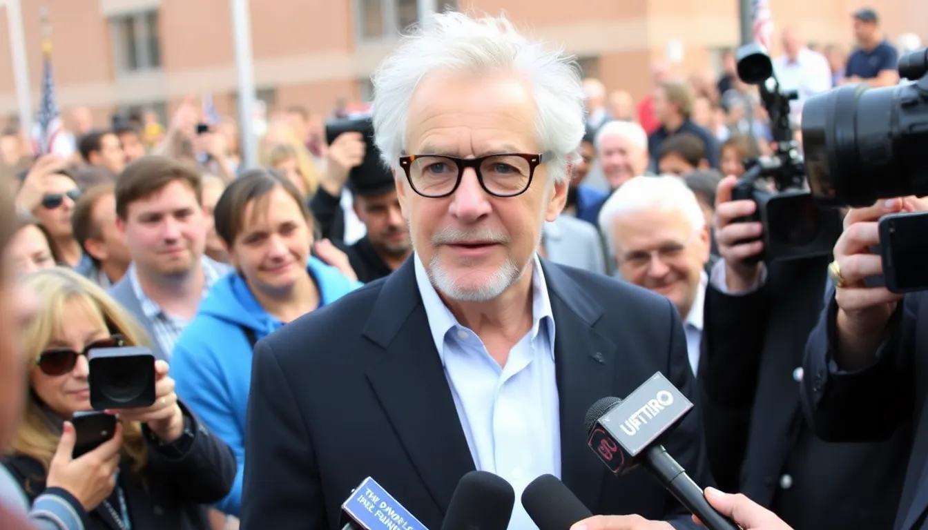 Steven Spielberg is seen smiling as he announces his ,000 donation to James Van Der Beek's fundraiser, surrounded by supporters in a warm, inviting atmosphere.