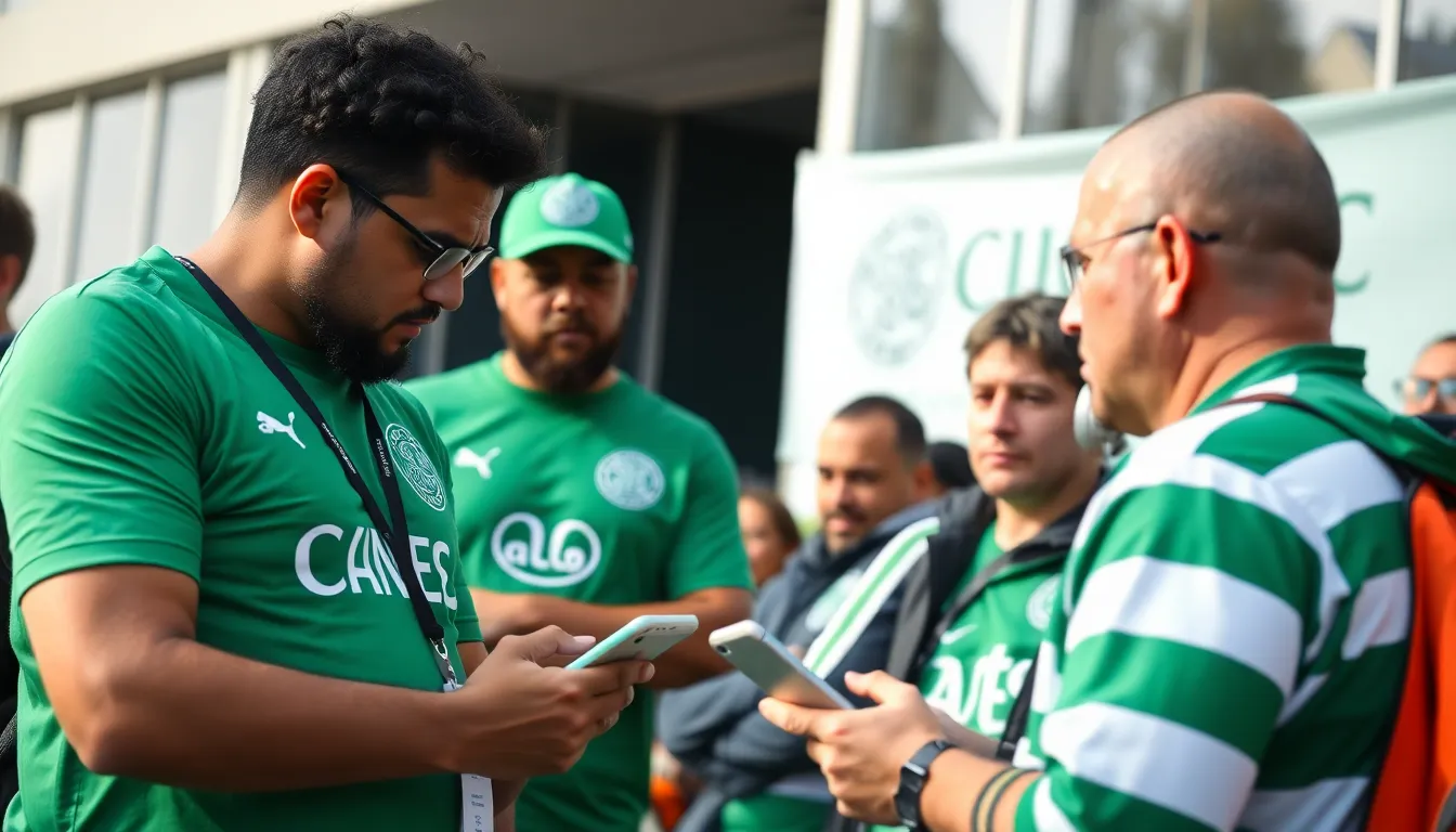 Celtic fans gather outside the stadium, displaying banners and signs expressing their support and frustration as the team faces a crucial match in the Europa League.