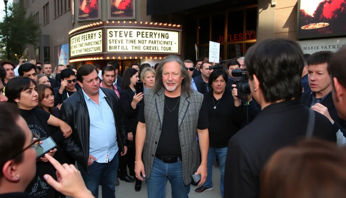 Steve Perry stands at a microphone during a press conference, addressing rumors about his potential participation in Journey's farewell tour while surrounded by reporters and cameras.