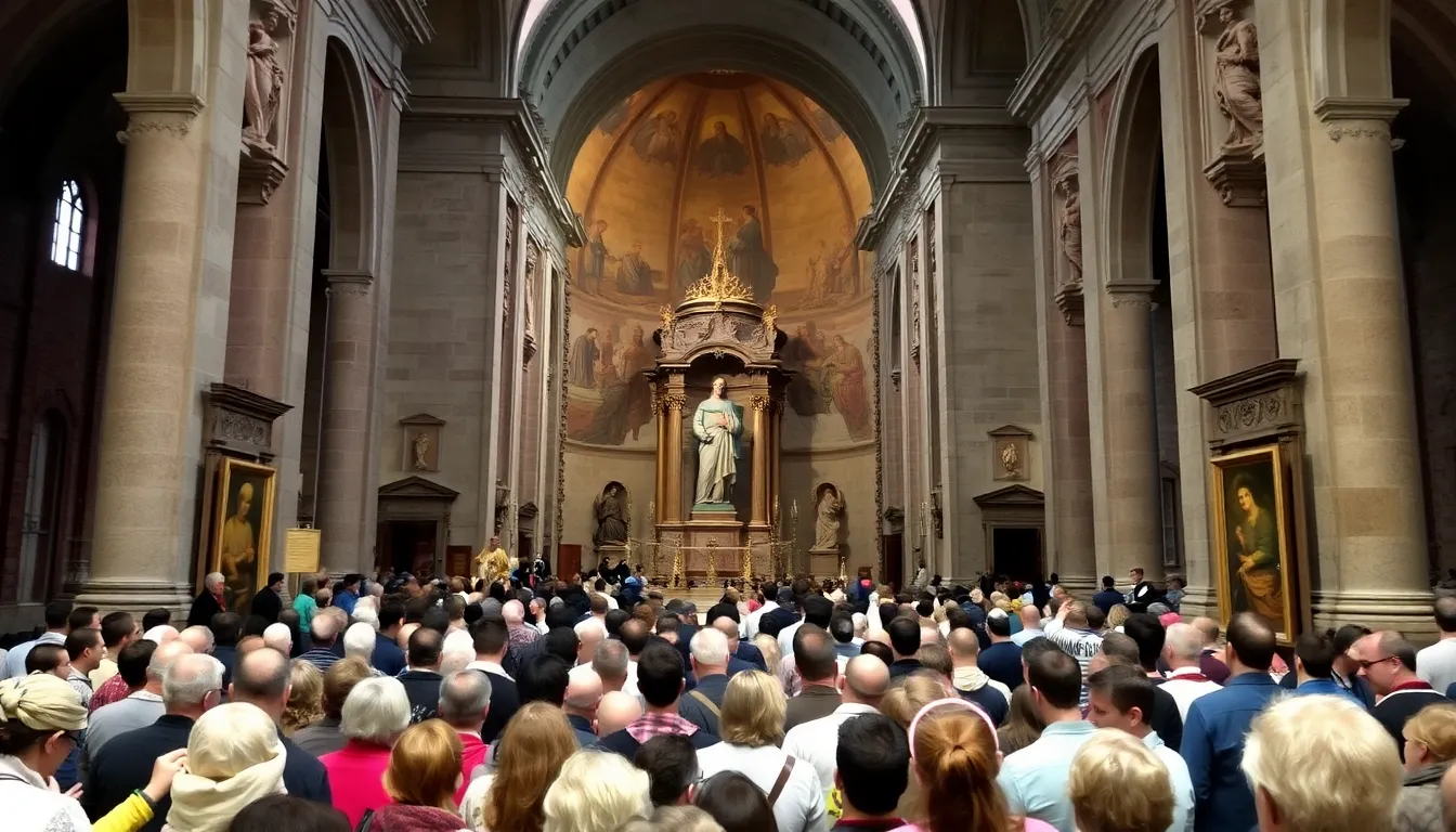 Visitors gather at the Basilica of St Francis in Assisi, Italy, to view the recently displayed bones of the revered saint during a significant public exhibition.