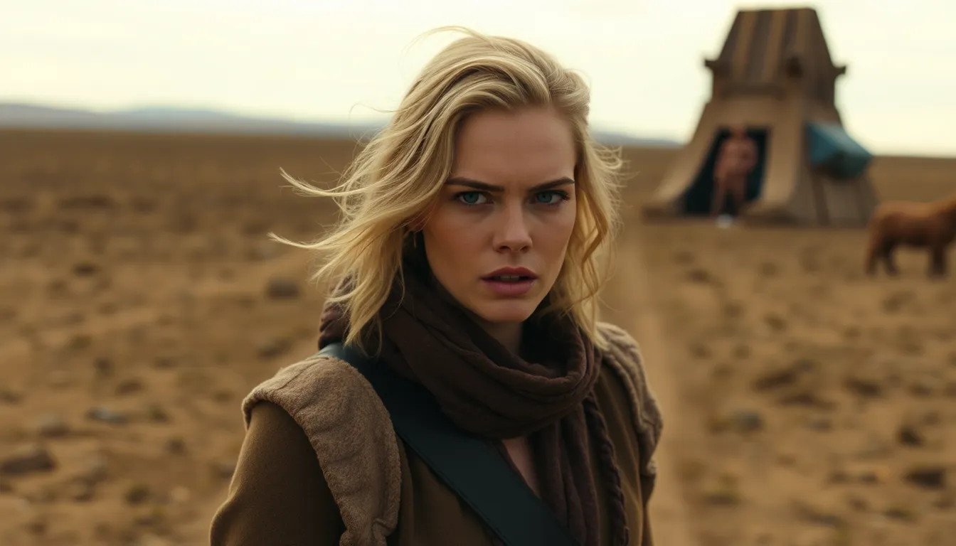 Margot Robbie stands dramatically on the windswept moors of Yorkshire, her expression reflecting the tumultuous emotions of her character in the new adaptation of Wuthering Heights.