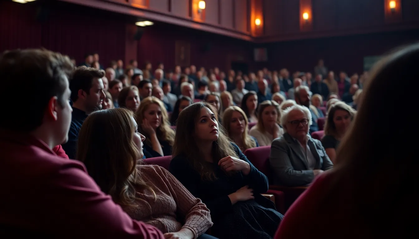 A crowded theater buzzes with conversation as audience members react to the latest adaptation of Wuthering Heights, showcasing a mix of excitement and skepticism.