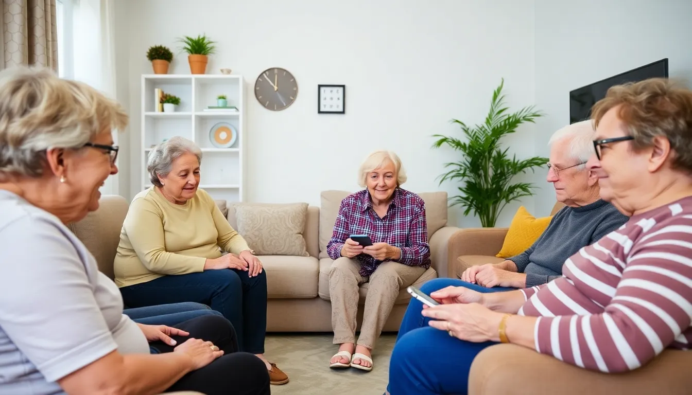 A group of stroke survivors engages with various athome rehabilitation technologies, including virtual reality headsets and wearable devices, in a supportive environment designed to enhance their recovery and independence.