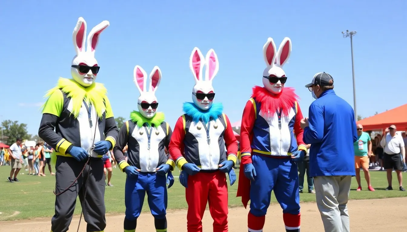 A group of Bad Bunny lookalikes performs energetically on stage, captivating a lively crowd with their vibrant costumes and dance moves just days before the Super Bowl.