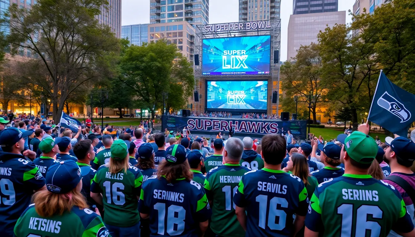 A group of enthusiastic Seattle Seahawks fans gather outside a sports bar, wearing team jerseys and holding signs in anticipation of Super Bowl LX.