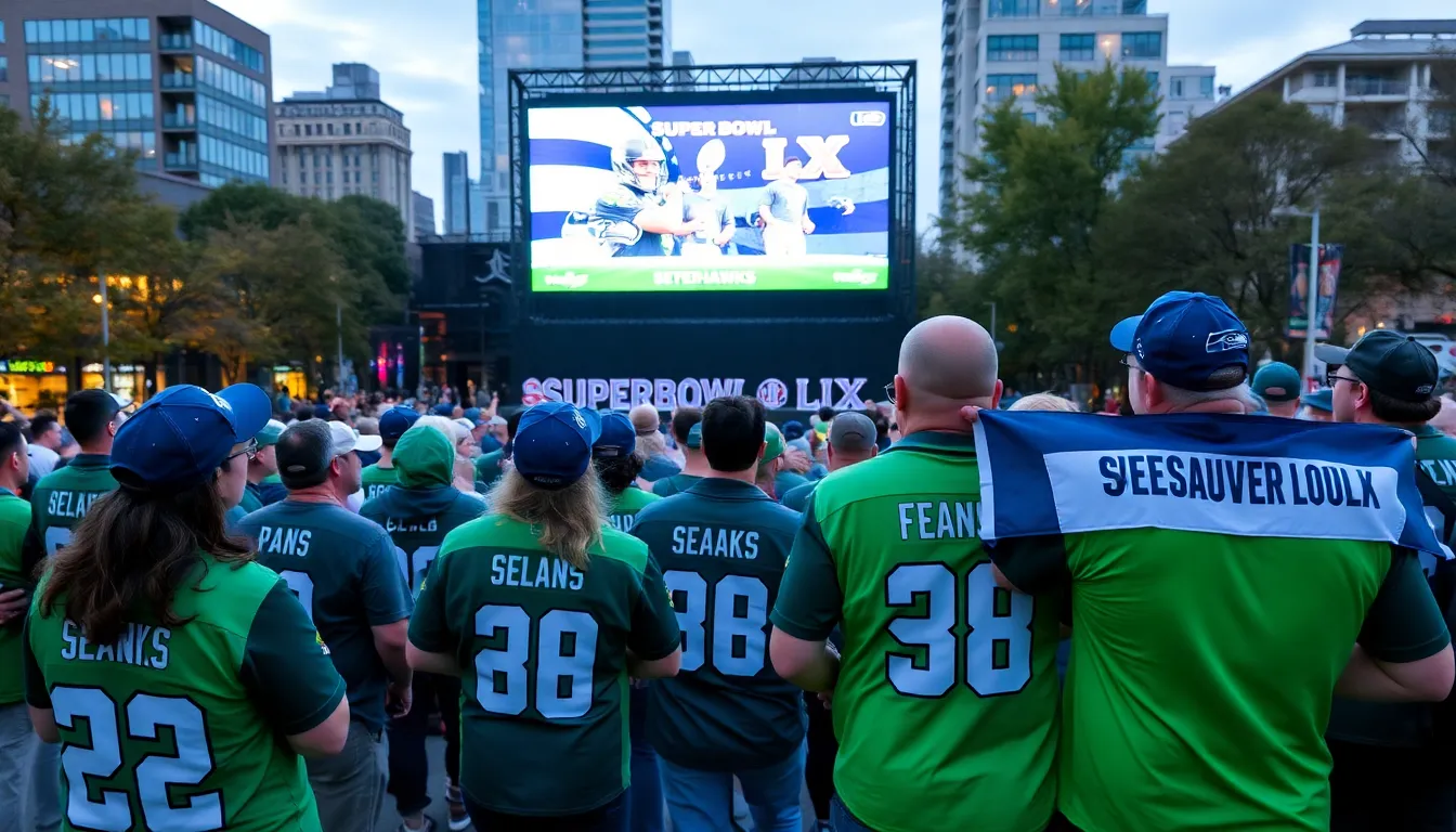 A bustling Seattle street filled with people wearing Seahawks jerseys, highlighting the city's vibrant atmosphere as the Super Bowl approaches