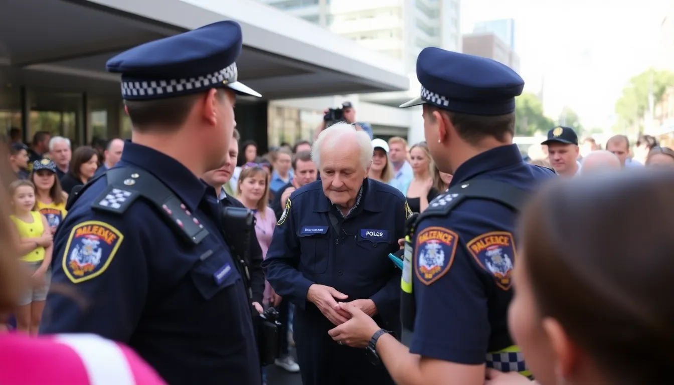 Police officers gather outside a residence in Marrickville, Sydney, as they investigate the mistaken kidnapping of an 85yearold man, with a marked police vehicle parked nearby.